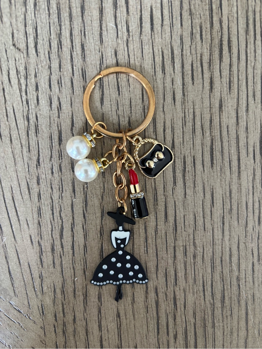 Fashionista Charm Keychain Purse Lipstick Pearl Handbag Black Gold